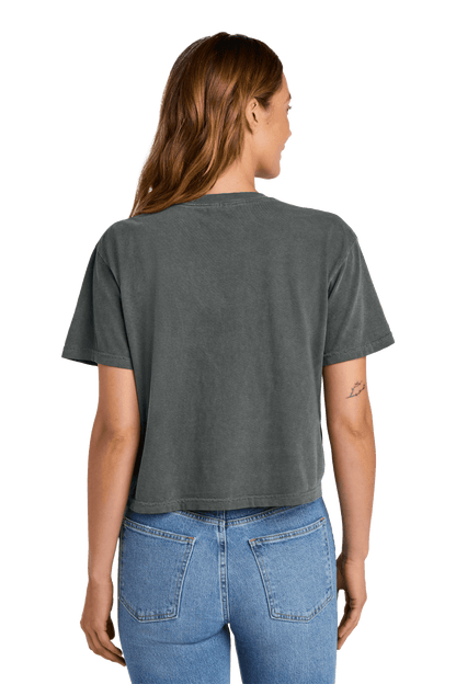 Comfort Colors women's heavyweight crop top with a relaxed fit, garment-dyed in pepper color, featuring custom print on the back.