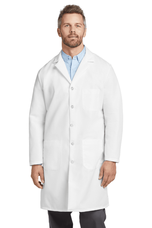White Red Kap lab coat with customizable print view, showing front and back design options for medical or lab professionals.