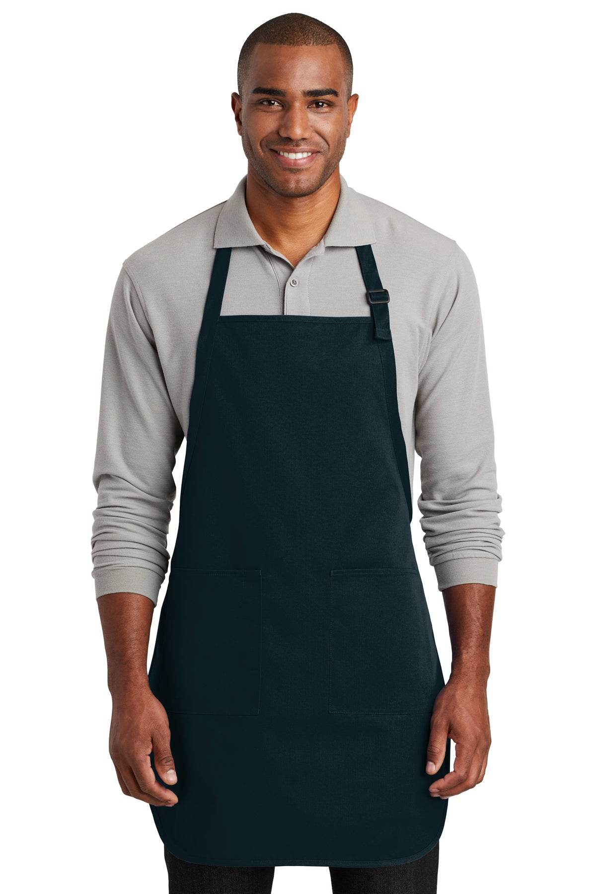 Navy personalized apron for cooking and BBQ with custom gift text, by Port Authority, featuring adjustable neck strap and front pocket.