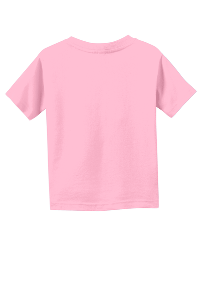 Pink toddler fine jersey cotton T-shirt for kids by Rabbit Skins, soft and comfortable with a classic fit, shown from the back.