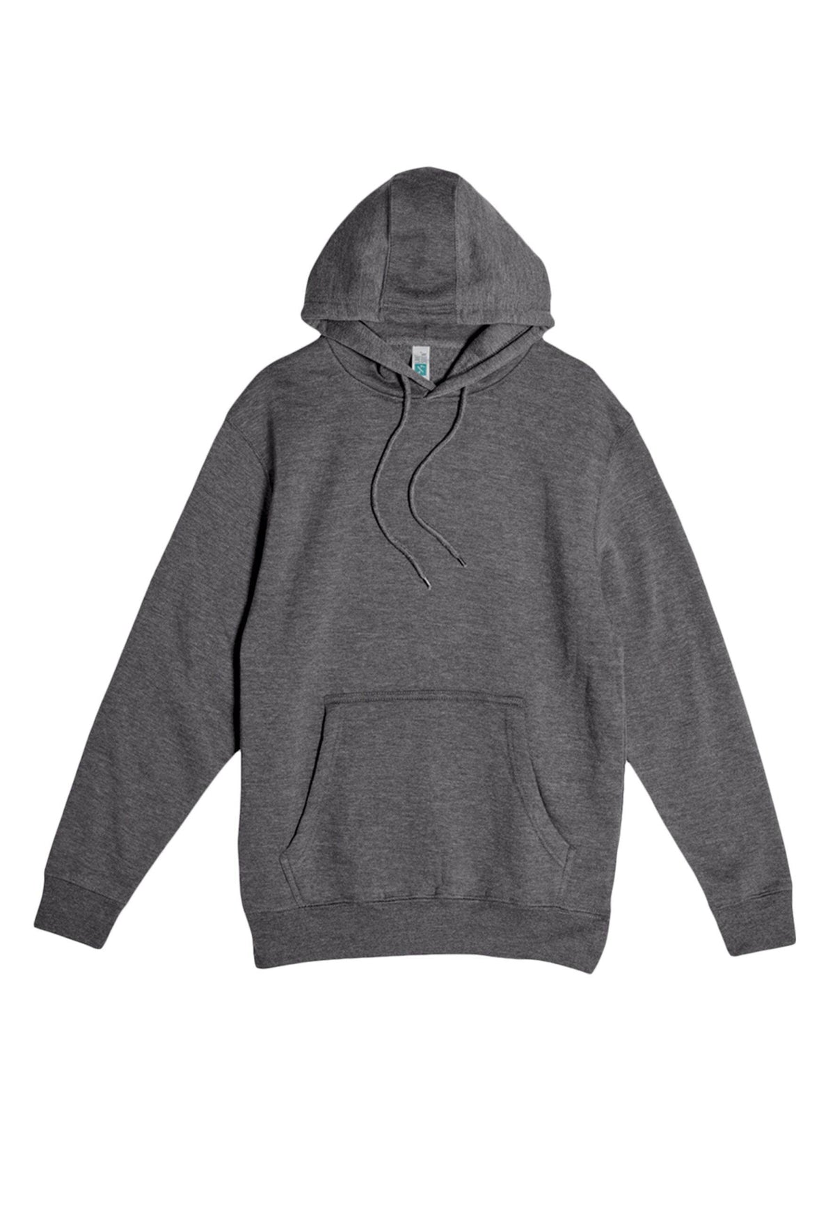 Unisex plain charcoal grey hoodie by Lane 7 with a front print view, showcasing a comfortable pullover design.