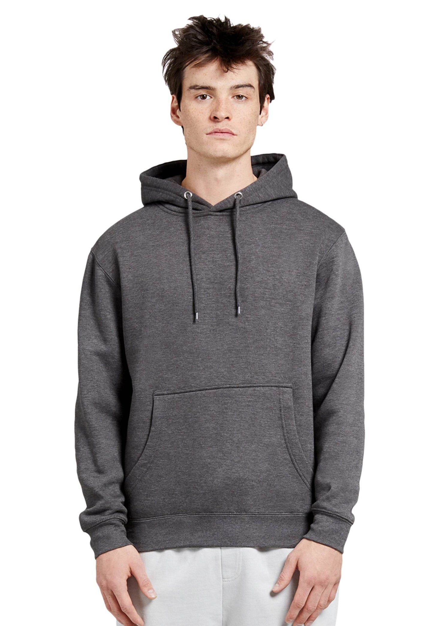 Unisex plain charcoal grey Lane 7 hoodie with a front print view, showcasing a comfortable pullover design.