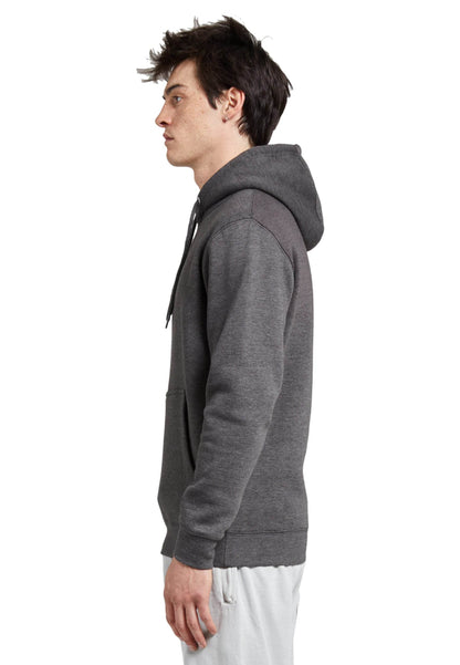 Unisex plain charcoal grey Lane 7 hoodie with front print view, showcasing a soft, comfortable pullover hoodie design.