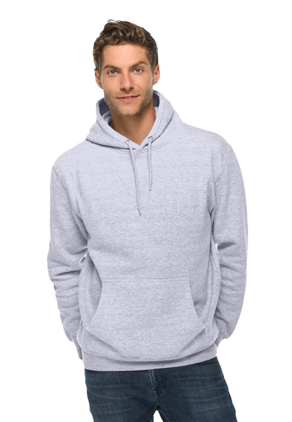 Unisex Heather grey premium pullover hoodie by Lane 7, plain and customizable, showing front view with soft fabric and relaxed fit.