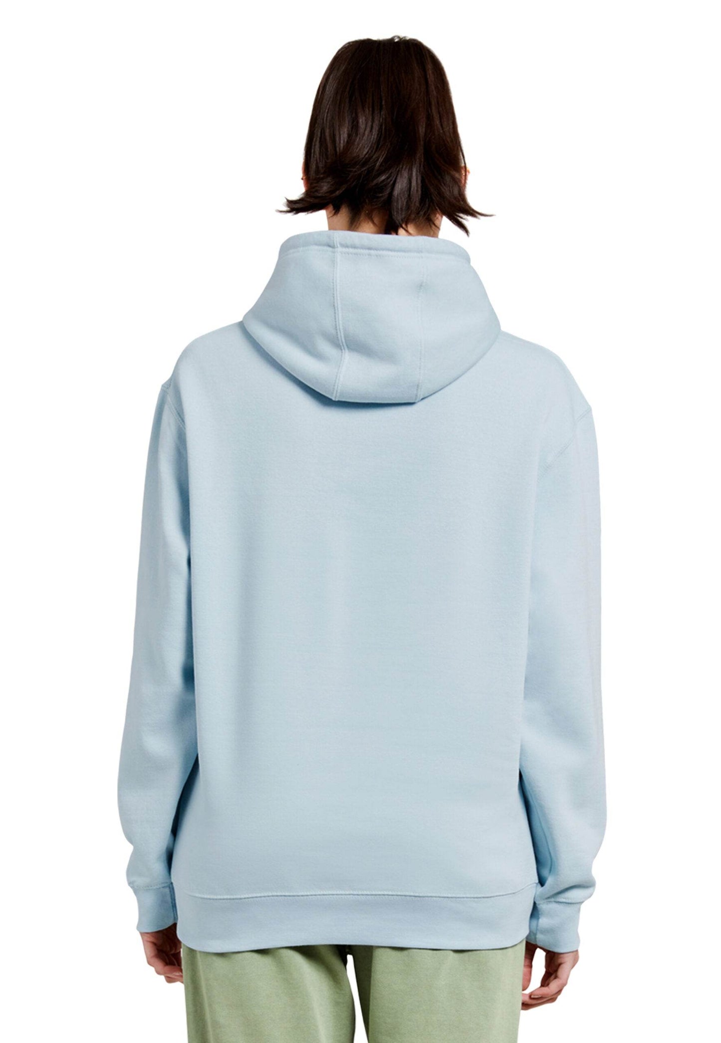 Light blue Lane 7 unisex plain premium hoodie with front print view, showcasing its soft fabric and comfortable fit.