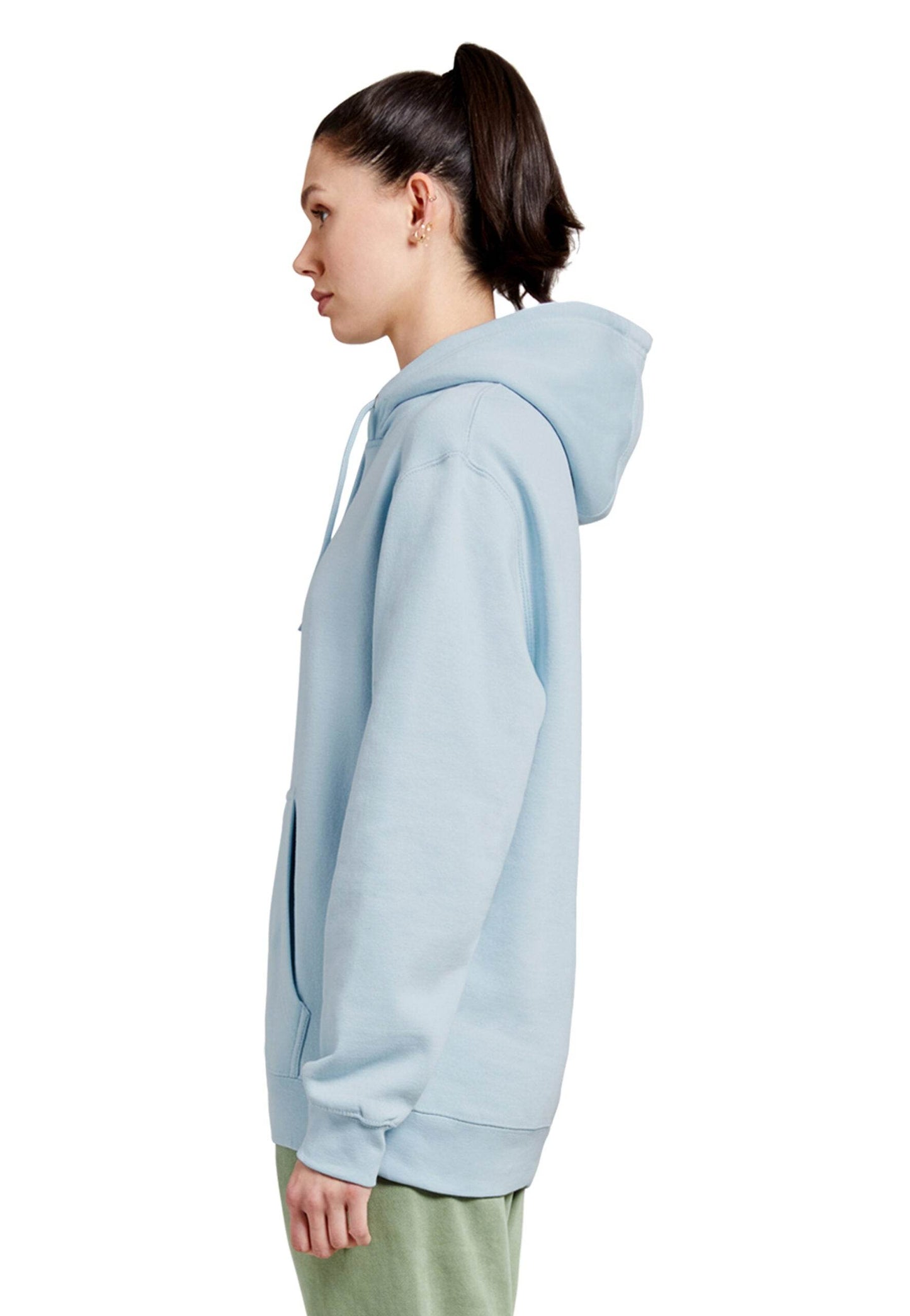 Light blue Lane 7 unisex plain premium hoodie with a front print view, showcasing soft fabric and relaxed fit.