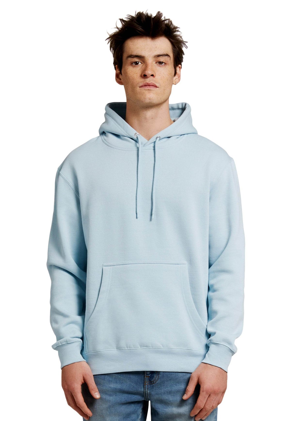 Light blue unisex plain premium hoodie by Lane 7, shown from the front with customizable print area.