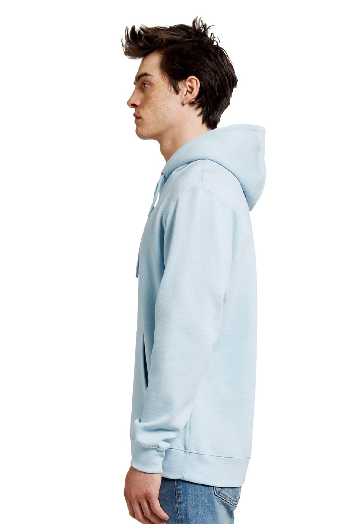 Light blue unisex Lane 7 hoodie with plain design, shown from the print view angle, made from premium fabric suitable for customization