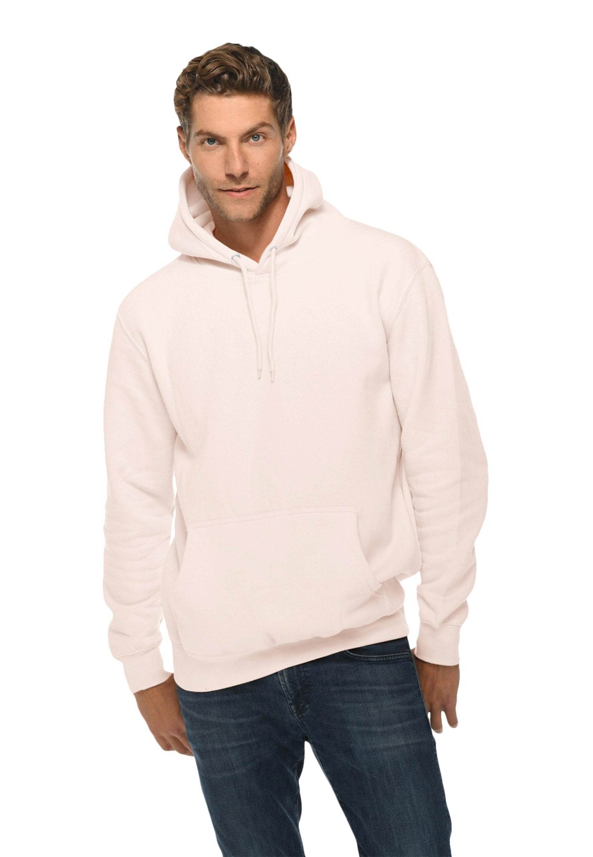Light pink unisex Lane 7 premium hoodie with a plain design and a print view, showcasing the hoodie’s front and print details.
