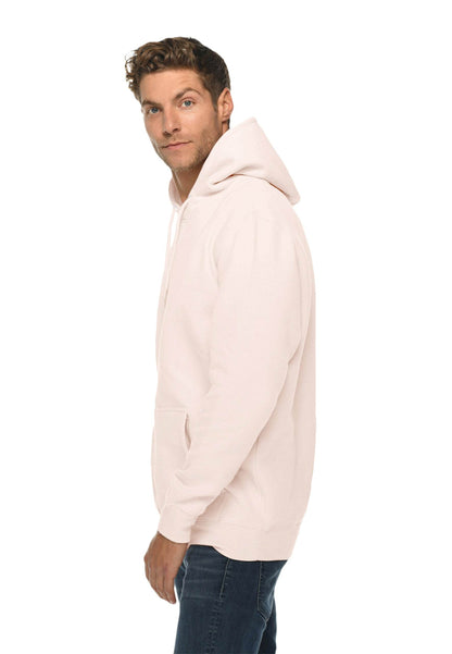 Light pink unisex Lane 7 premium pullover hoodie with plain design, shown from the print view angle.
