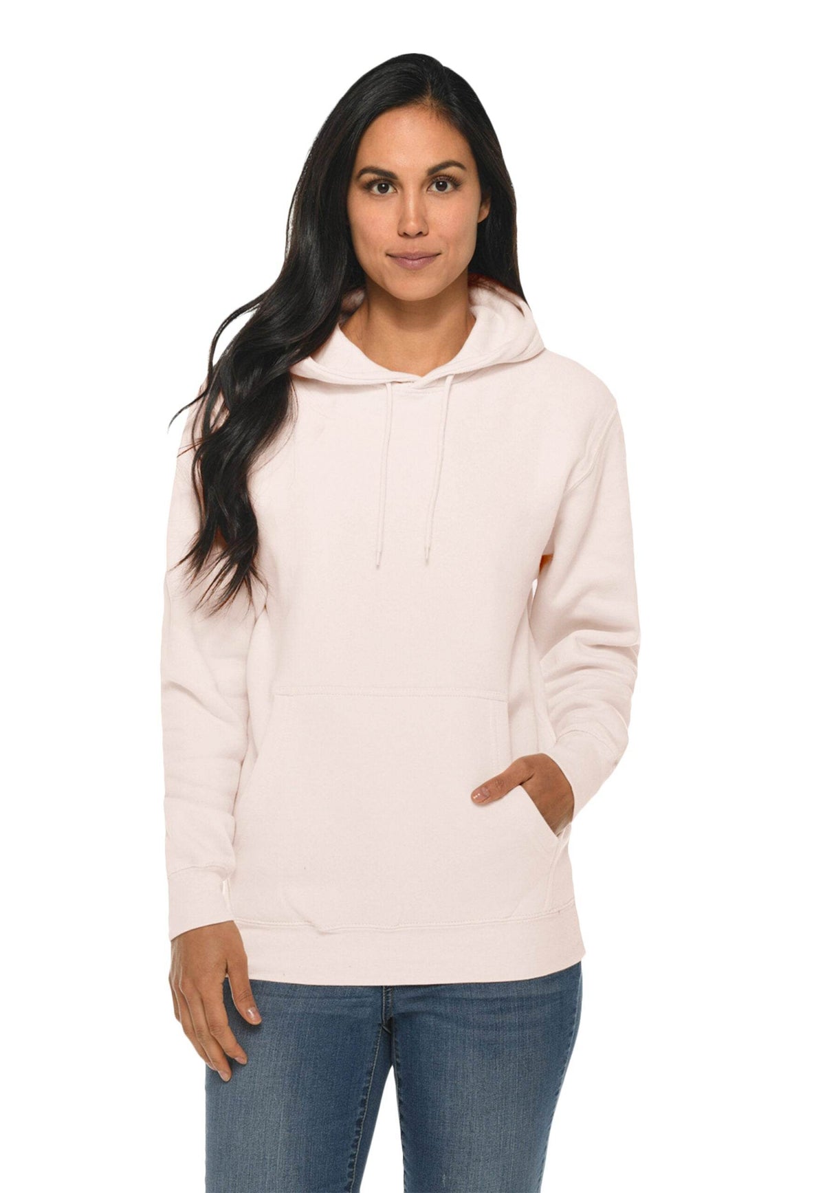 Light pink unisex premium hoodie by Lane 7, plain front view, showcasing soft fabric and comfortable fit.