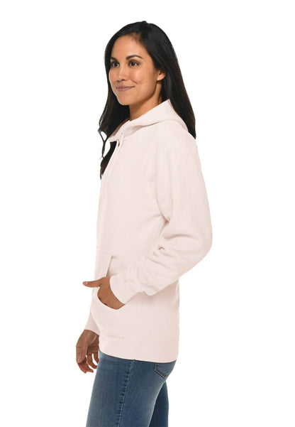 Light pink unisex premium hoodie by Lane 7 with a plain design, shown with print options on the front.