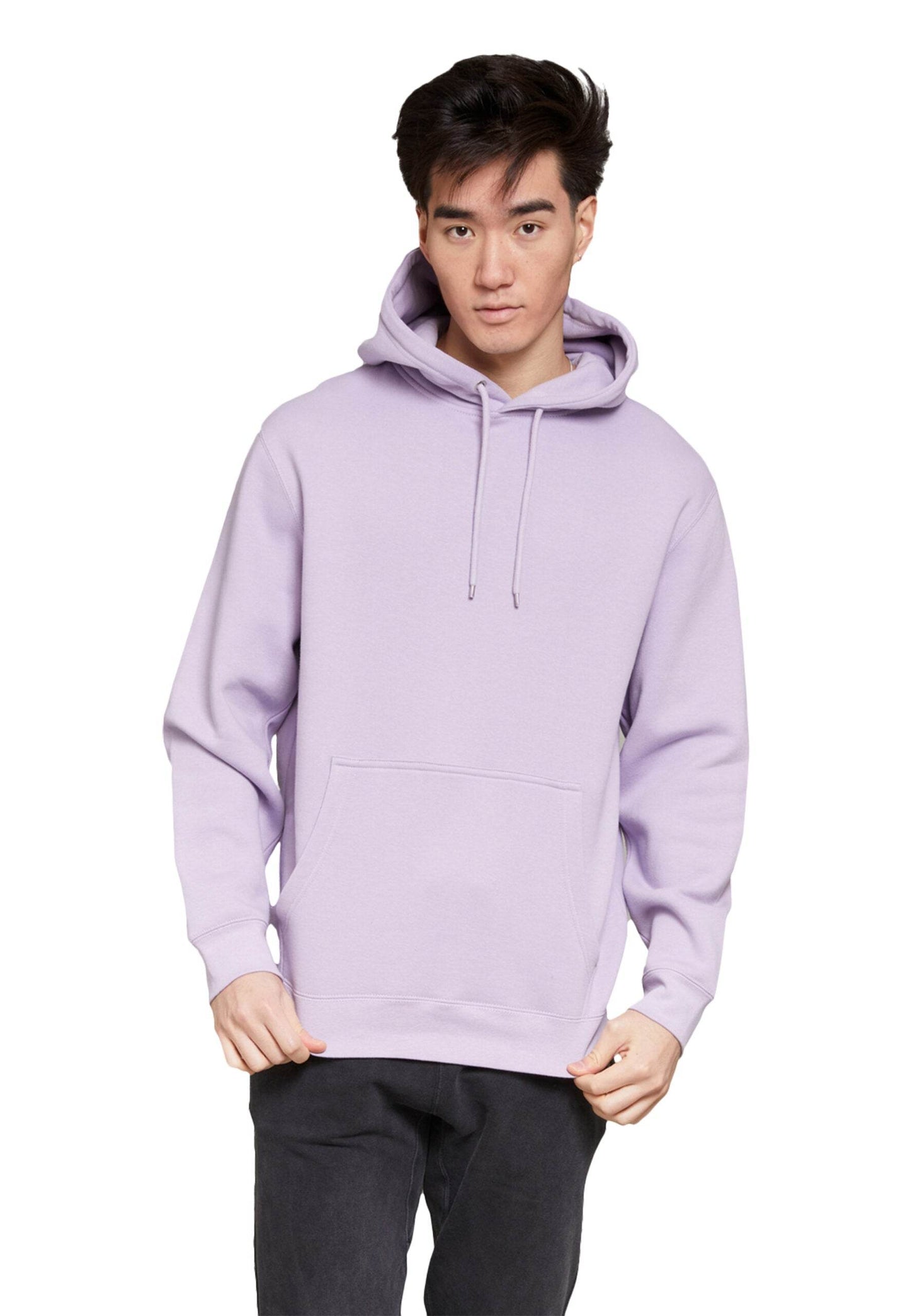 Unisex plain lilac Lane 7 hoodie shown in print view, featuring a simple design, hoodie style, with a front pocket and adjustable drawstrings.
