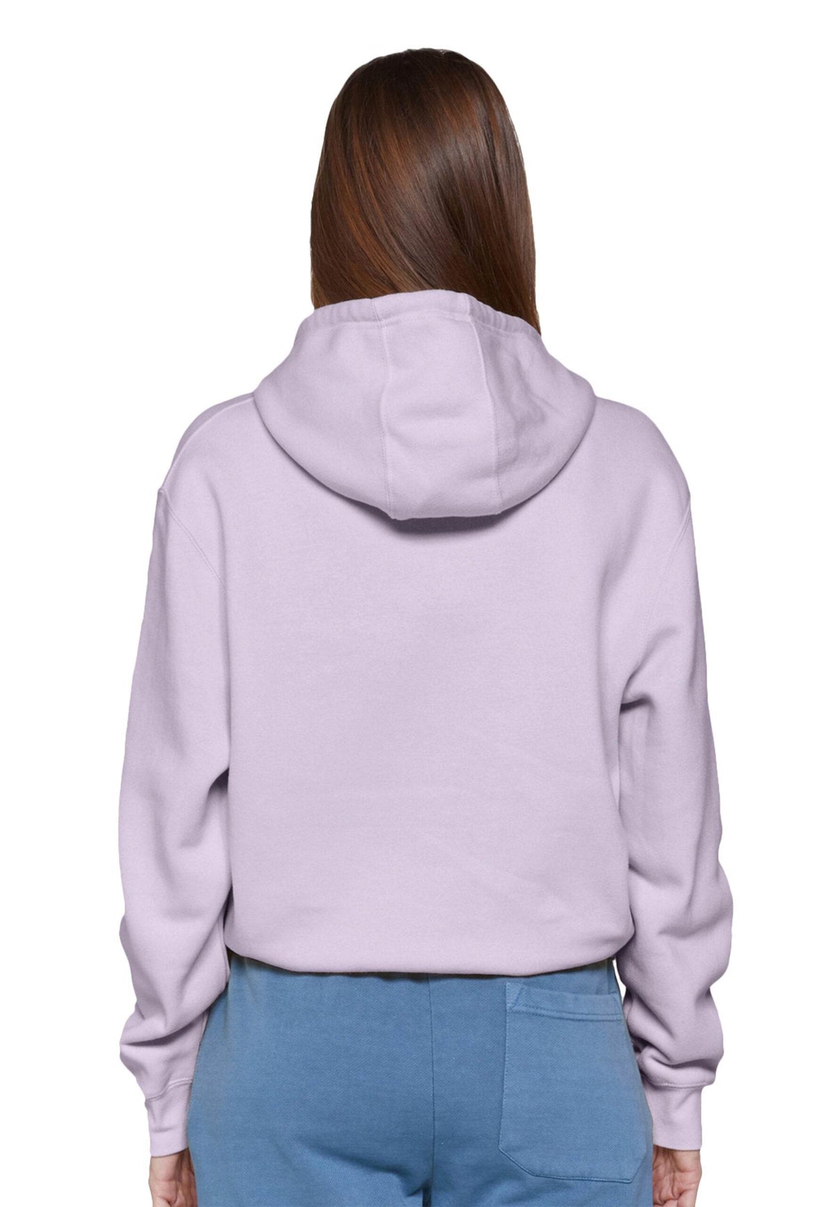 Unisex plain lilac Lane 7 hooded pullover hoodie displayed in print view, showcasing a simple, comfortable design for customization.