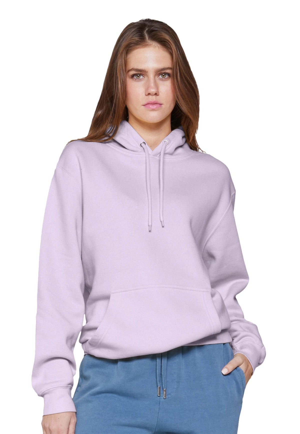 Unisex plain lilac Lane 7 hoodie displayed at print view, showing the simple, smooth fabric and classic pullover design.