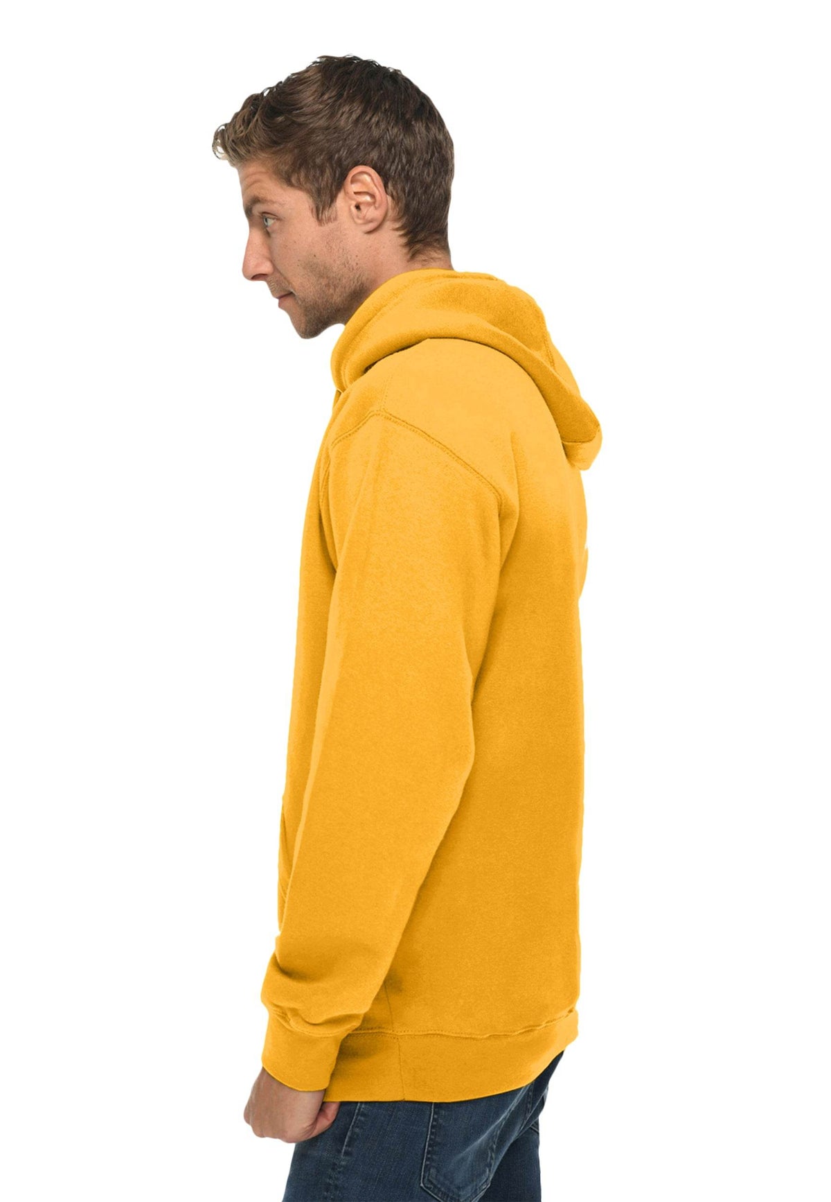 Unisex Lane 7 plain mustard pullover hoodie with front print view, made of premium soft fabric for comfortable casual wear.