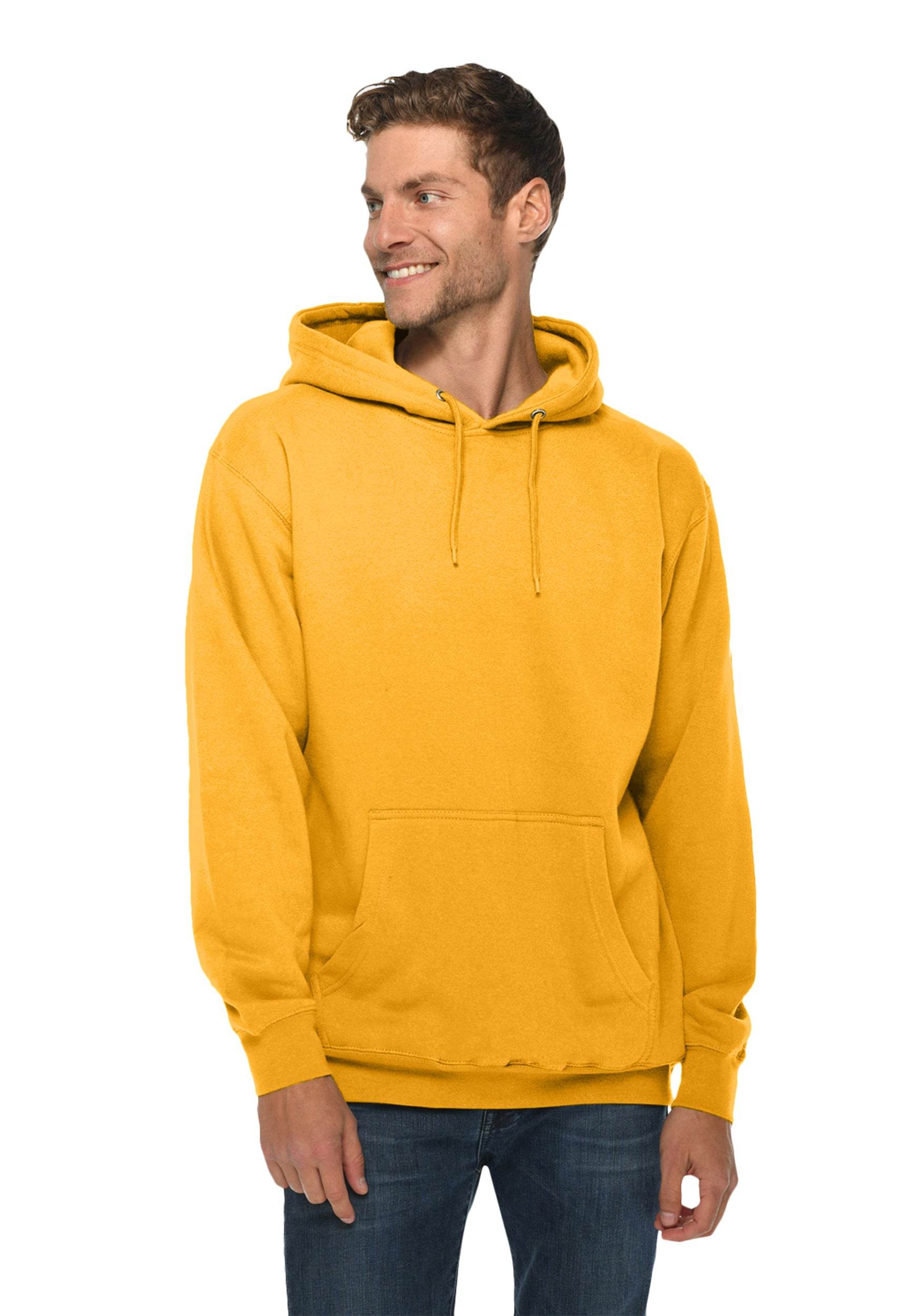 Unisex plain mustard-colored Lane 7 hoodie with a front print view, showcasing a comfortable pullover design.