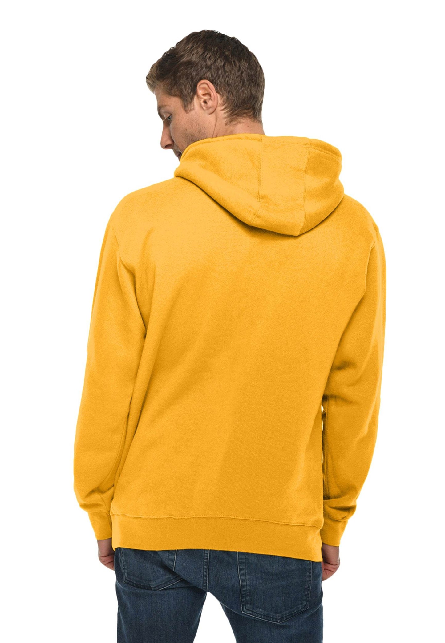 Plain mustard-colored Lane 7 unisex hoodie with a front print view, showcasing a simple, comfortable pullover design.
