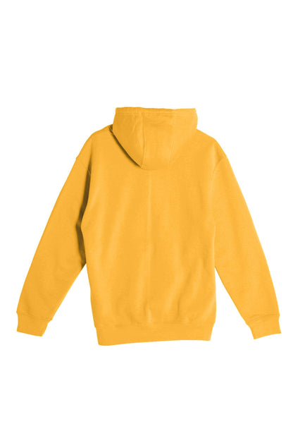 Unisex mustard-colored Lane 7 plain premium hoodie with print view, showcasing its comfortable fit and simple design.