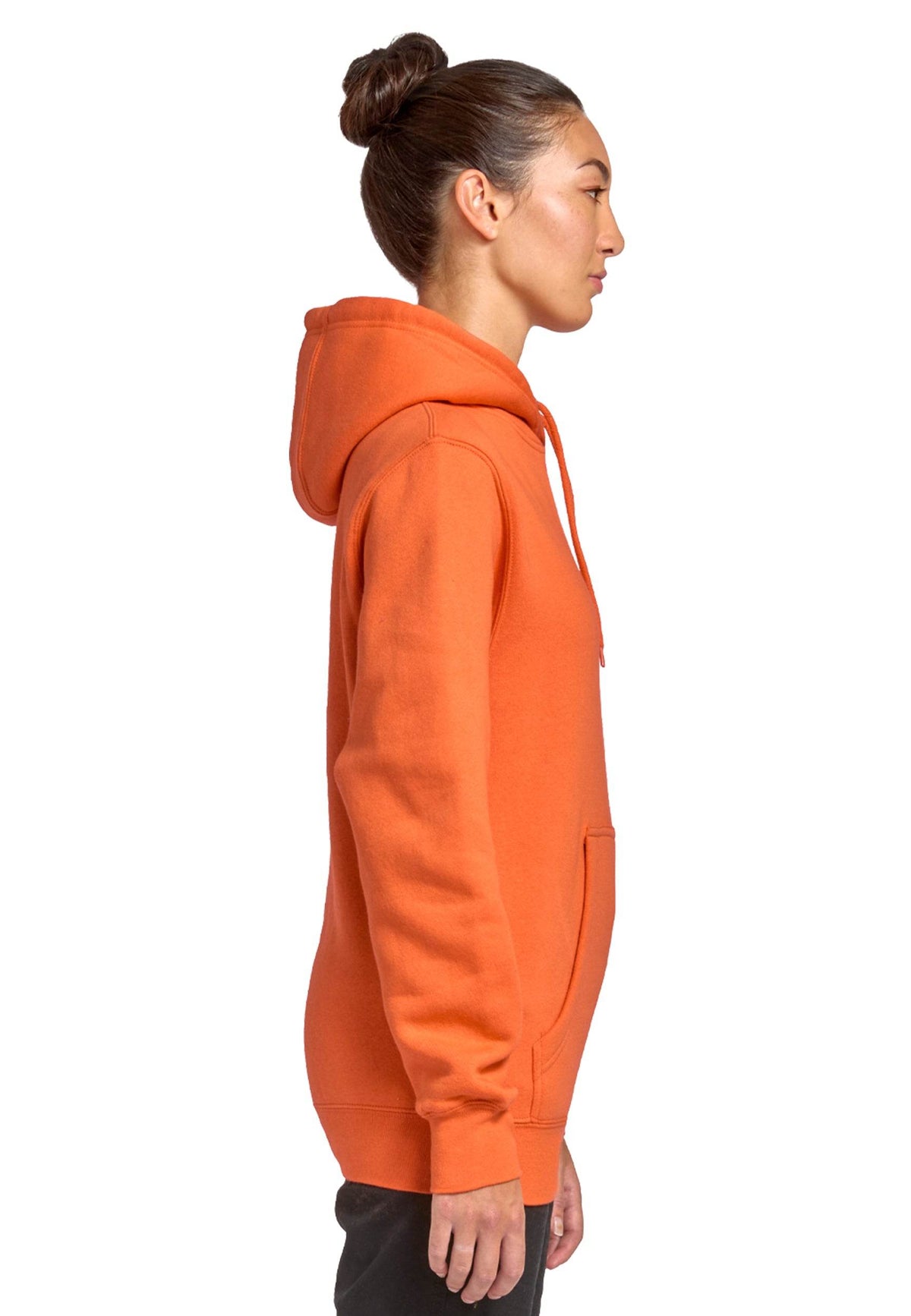 Unisex orange plain hoodie by Lane 7, shown from the print view with customizable options, made of premium soft fabric.