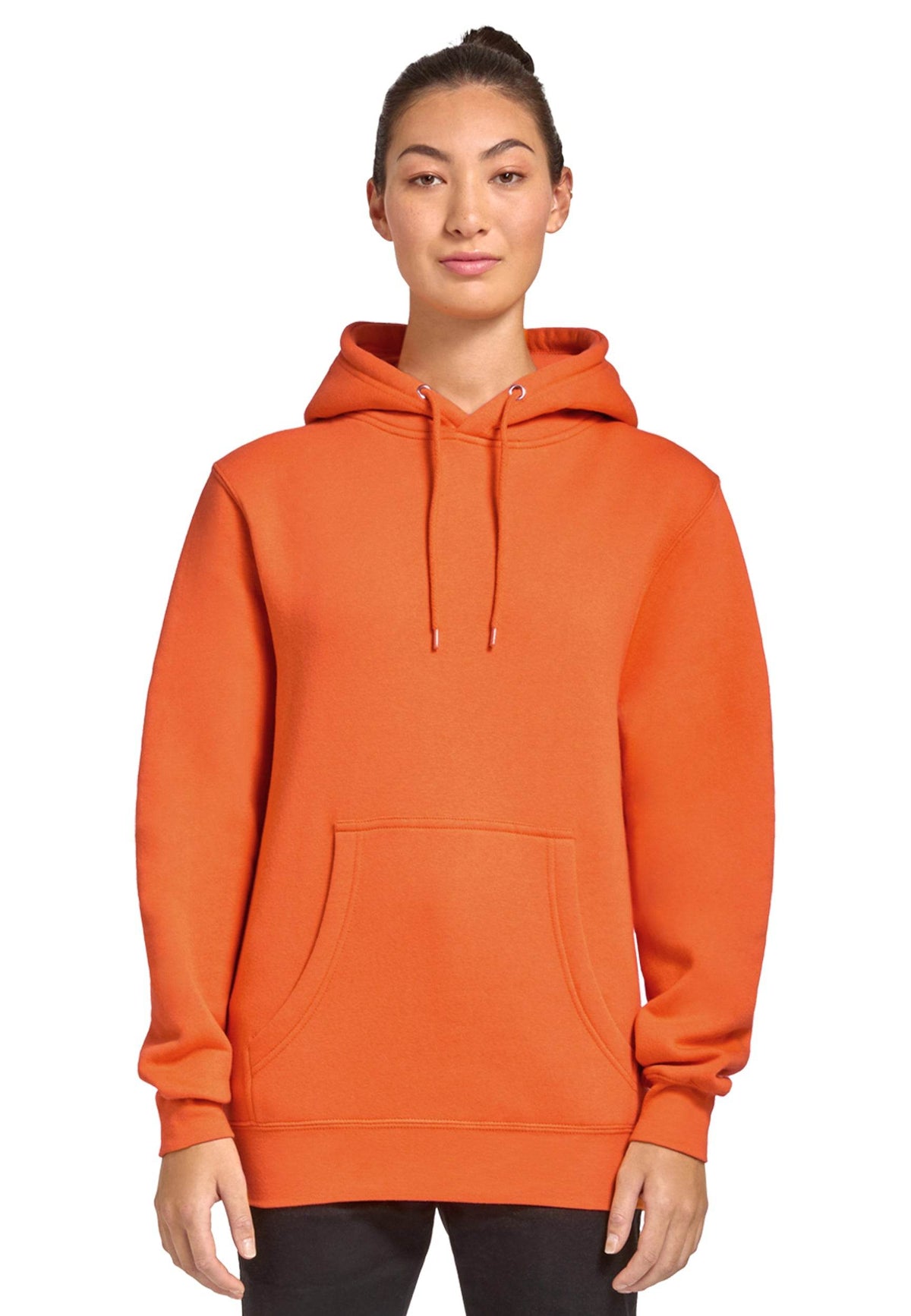 Unisex orange premium hoodie by Lane 7 with a plain design and printed view, showcasing the front details and fabric texture.