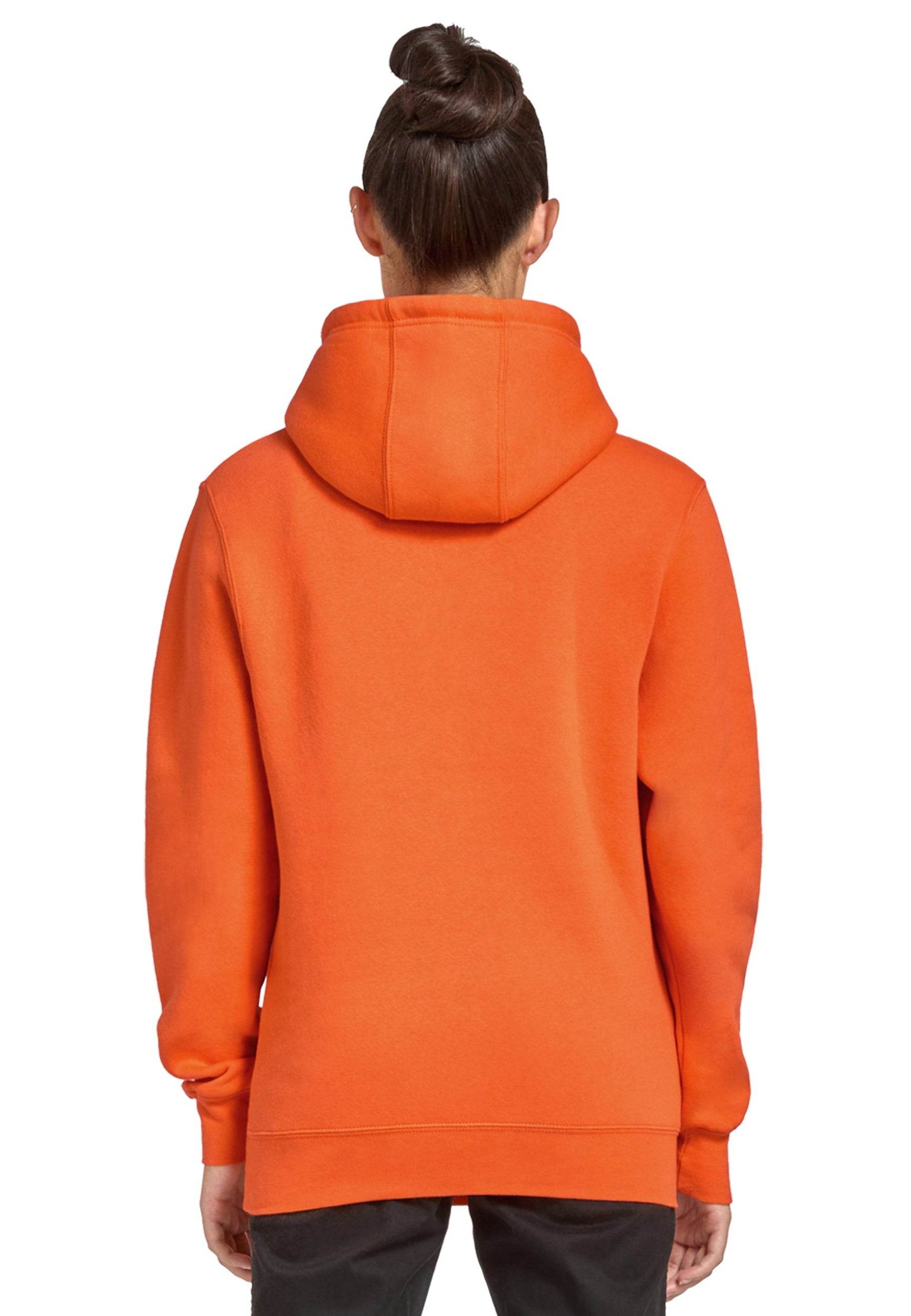 Unisex orange premium hoodie by Lane 7 showing the front print view, with a plain design and customizable options.