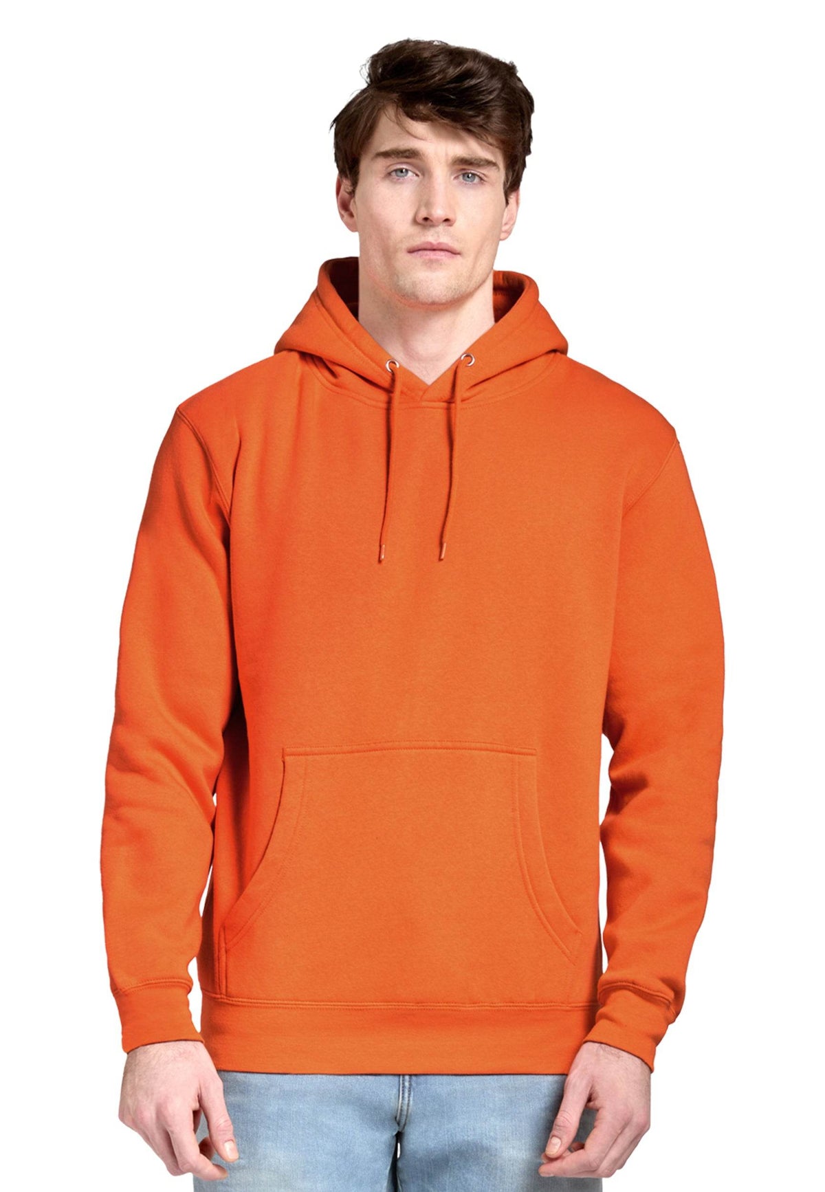 Unisex bright orange Lane 7 hoodie with a plain design, shown from the front with a printed view, casual and comfortable style.