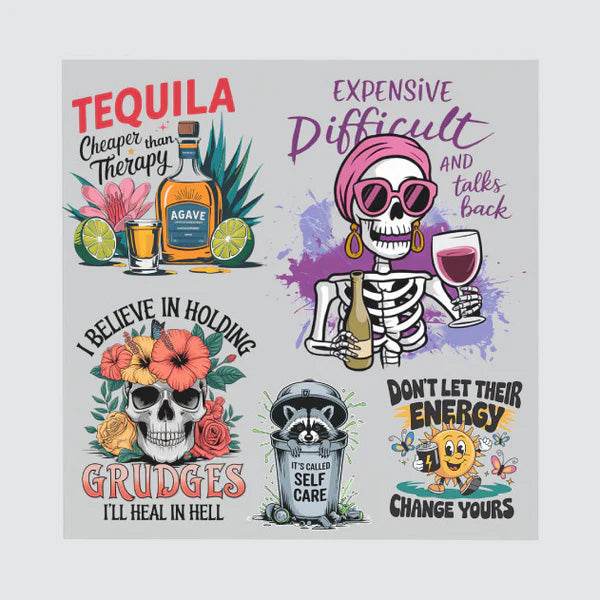Print View DTF Gang Sheet printing transfer for custom apparel, showing multiple colorful designs on large transfer sheets.