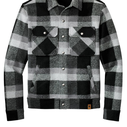 Russell Outdoors Basin Jacket back view in deepblackplaid— roomy back for logo or name embroidery; fitted hem.