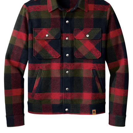 Russell Outdoors Basin Jacket front view in redplaid — snap-front, folded collar, chest pockets, personalized embroidery option.