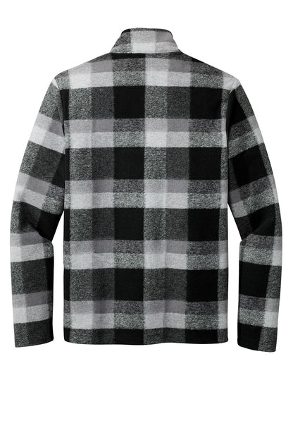 Russell Outdoors™ Basin Snap Pullover sweatshirt in deep black plaid, shown flat back view with snap buttons and cozy fabric.