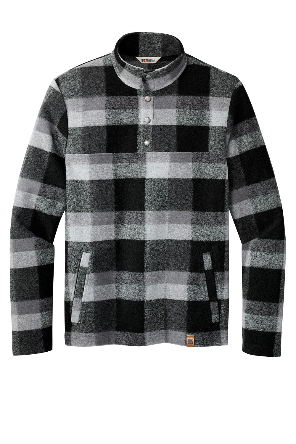 Russell Outdoors™ Basin Snap Pullover sweatshirt in deep black plaid, front view showing snap buttons and cozy fit.