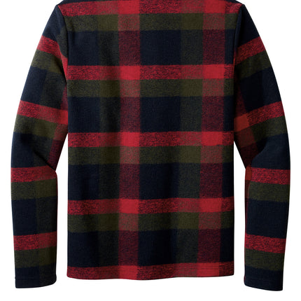 Plaid   back view shirt with red, green, and navy pattern 