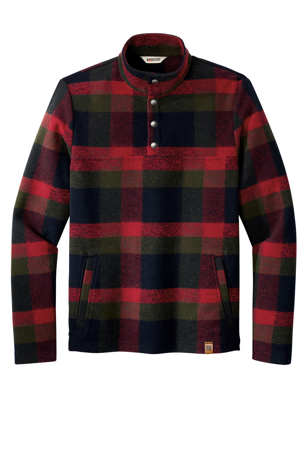 Red plaid Russell Outdoors™ Basin Snap Pullover sweatshirt with snap buttons and classic design, shown flat front view.
