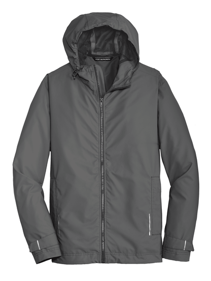 Port Authority waterproof rain jacket in grey with printed design, showcasing its durable, lightweight rain jacket features.