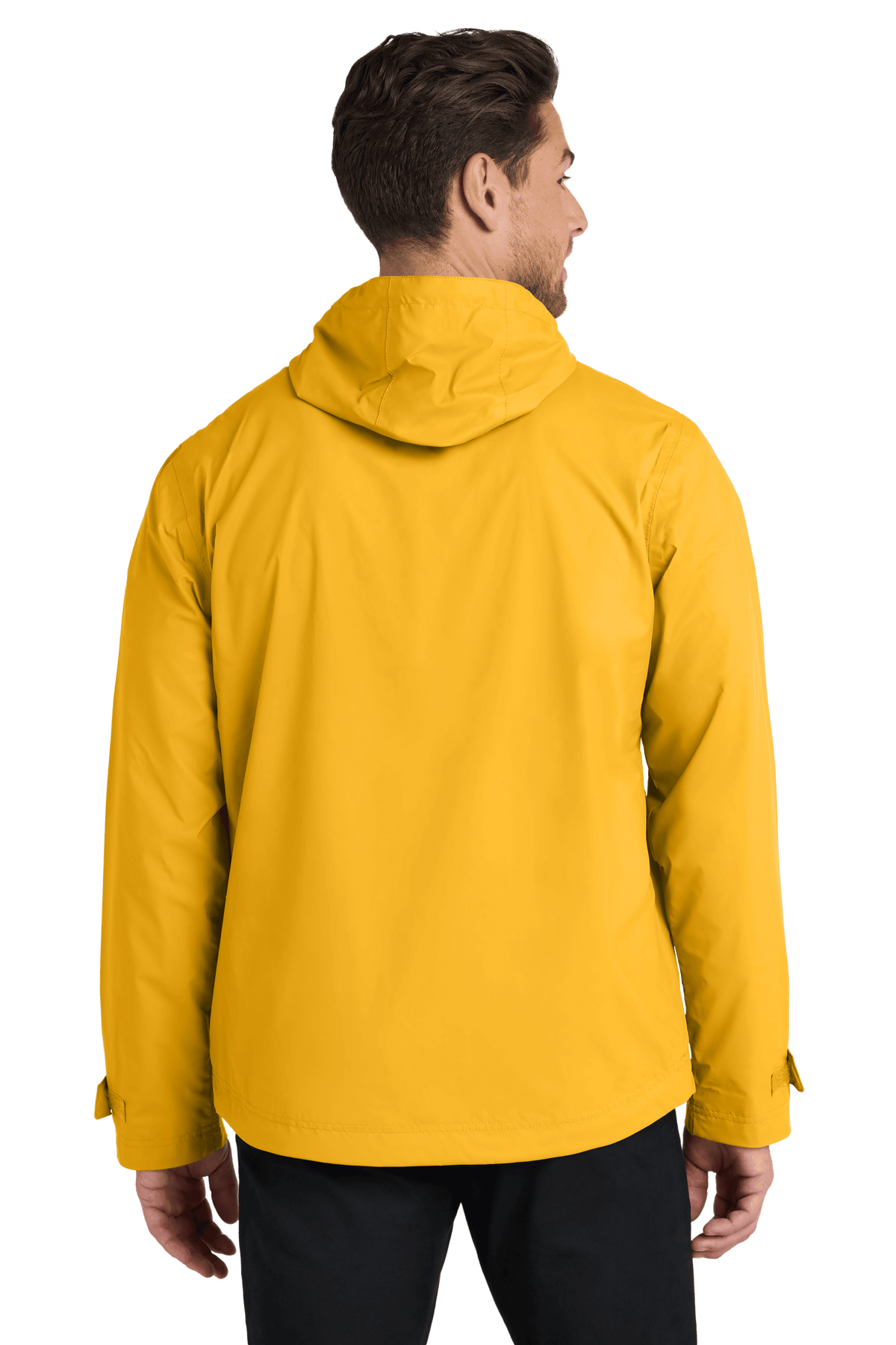 Yellow waterproof rain jacket by Port Authority with a printed design, shown from a front view, customizable options available.