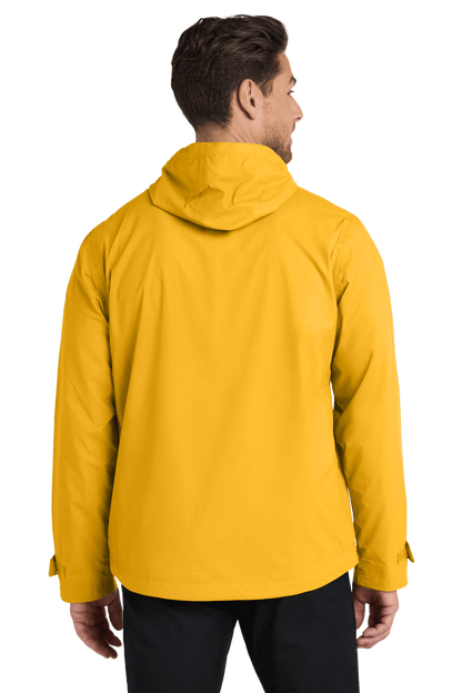 Yellow waterproof rain jacket by Port Authority with a printed design, shown from a front view, customizable options available.