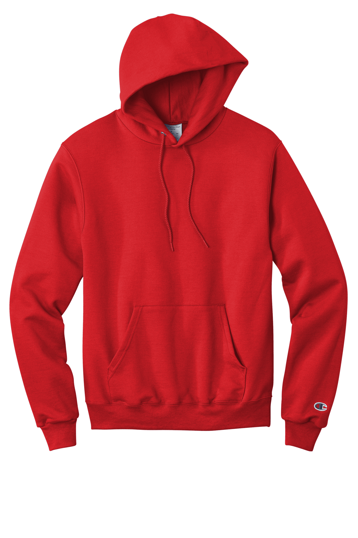 Red Champion Powerblend pullover hoodie with custom logo print, soft fleece interior, classic fit, perfect for casual comfort.