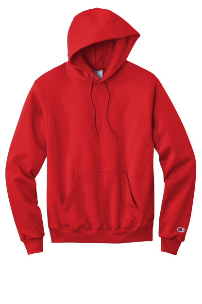 Red Champion Powerblend pullover hoodie with custom logo print, soft fleece interior, classic fit, perfect for casual comfort.