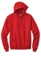 Red Champion Powerblend pullover hoodie with custom logo print, soft fleece interior, classic fit, perfect for casual comfort.