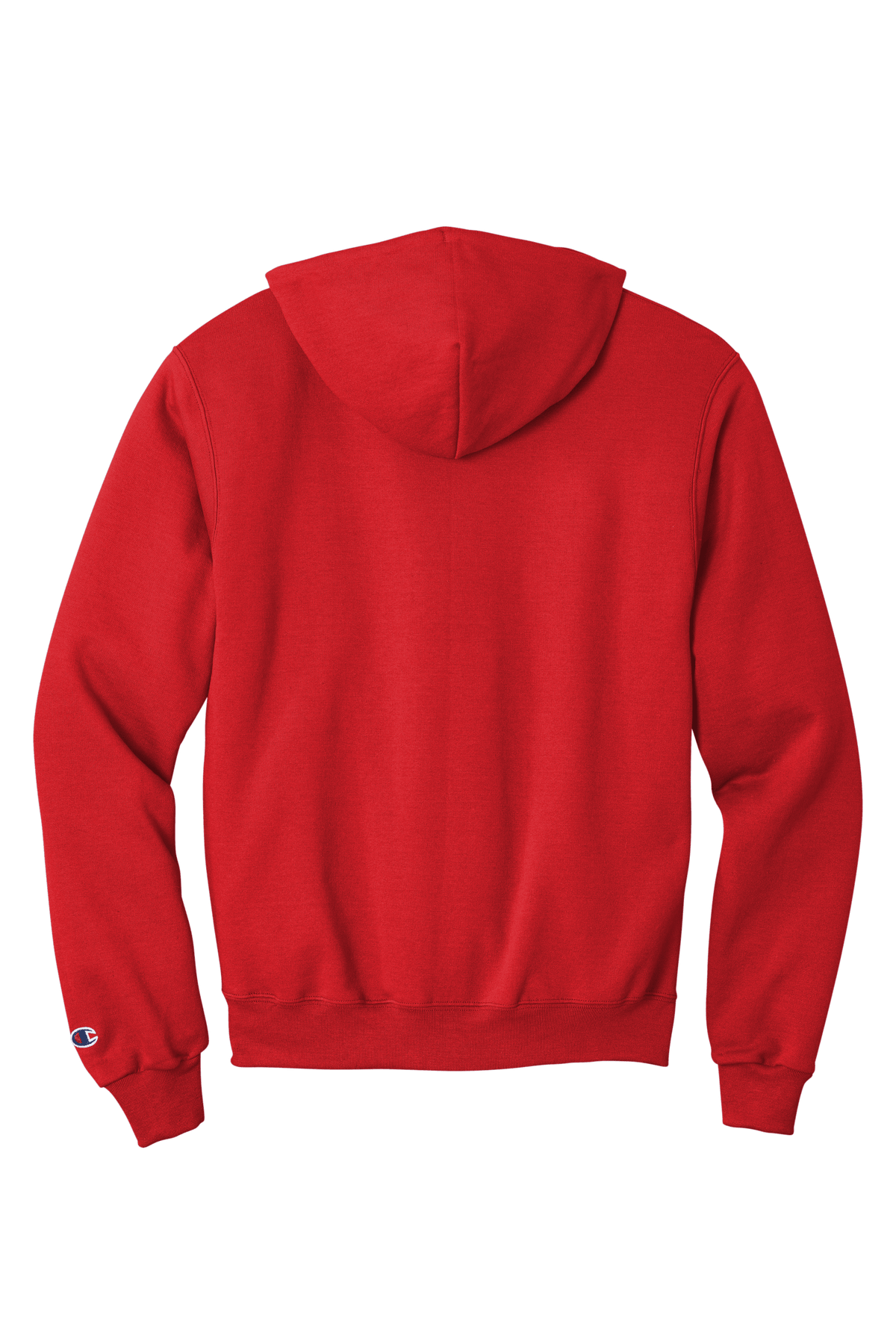 Red Champion Powerblend hoodie with custom logo print, soft fleece interior, classic fit, and comfortable pullover design.