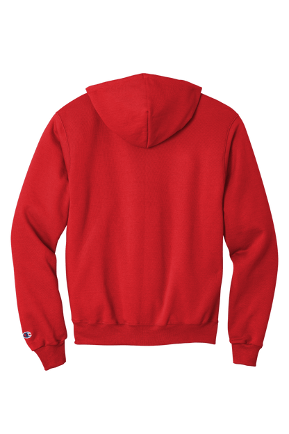Red Champion Powerblend hoodie with custom logo print, soft fleece interior, classic fit, and comfortable pullover design.