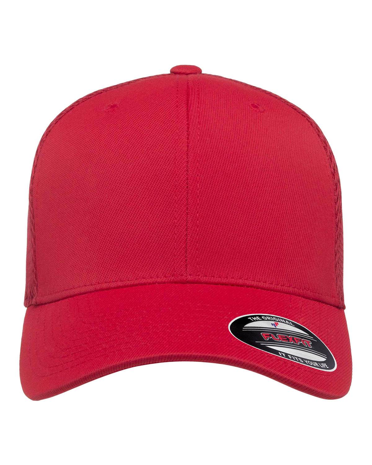 Red Print-View fitted mesh cap with printed design, showcasing a stylish and comfortable baseball hat style.
