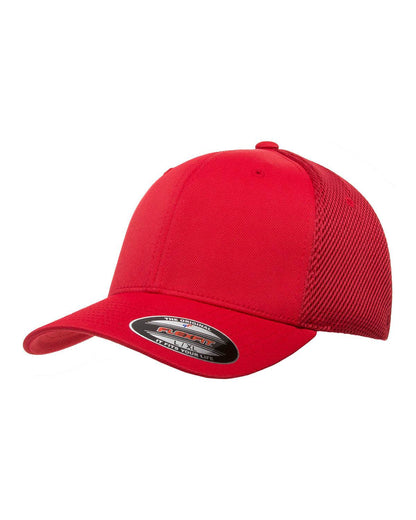Red Print-View fitted mesh cap with printed design, shown from the left side, showcasing the adjustable fit and breathable mesh material.