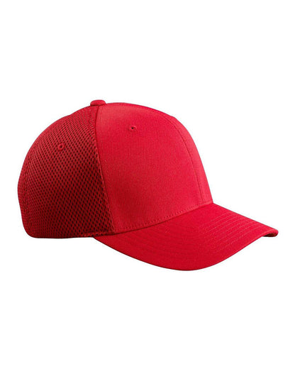 Red Print-View fitted mesh cap with print design, shown from the right side, made for customizable or plain options.