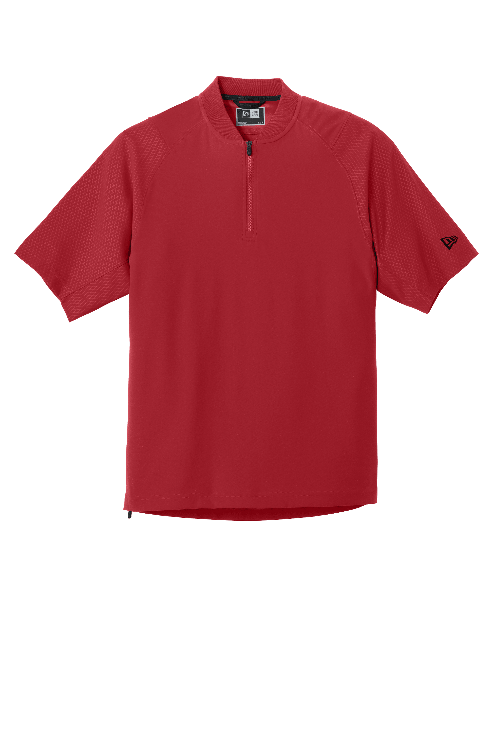 Red New Era quarter zip cage short sleeve jacket with custom print, featuring a 1/4-zip design and casual athletic style.