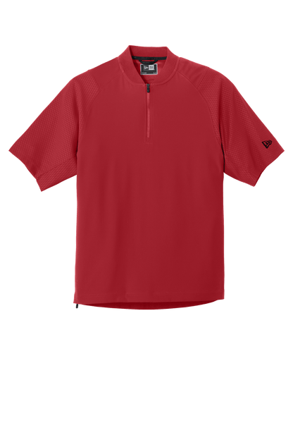 Red New Era quarter zip cage short sleeve jacket with custom print, featuring a 1/4-zip design and casual athletic style.