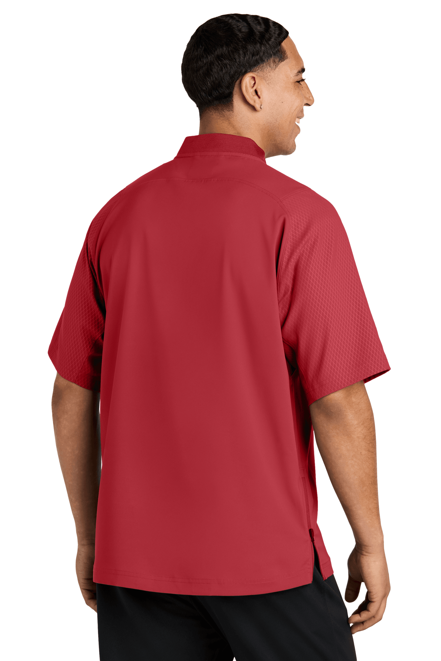 Red New Era cage short sleeve quarter zip jacket with custom printed design, shown from the back.