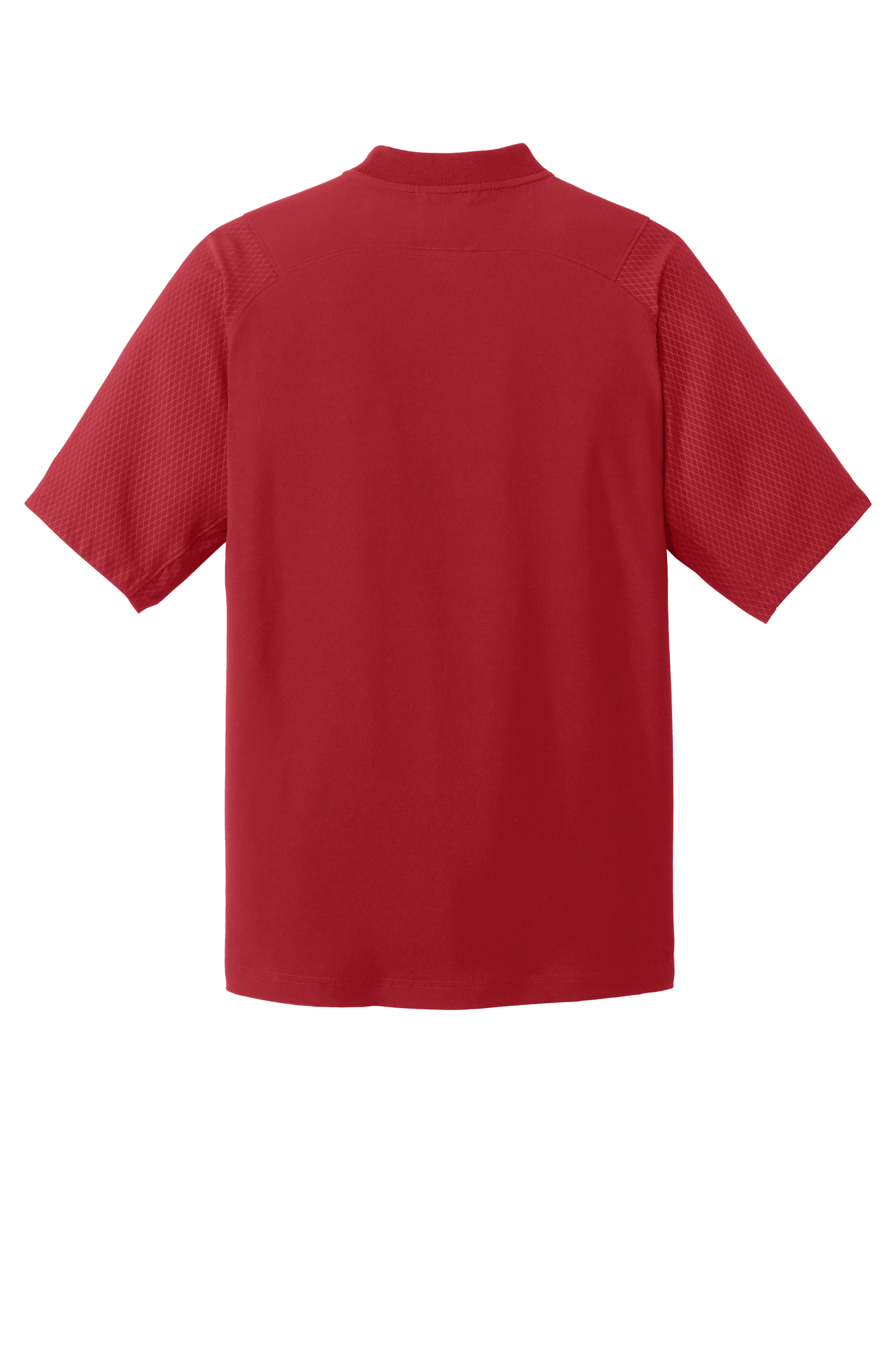 Red New Era cage short sleeve quarter zip jacket with custom print, shown from the back.