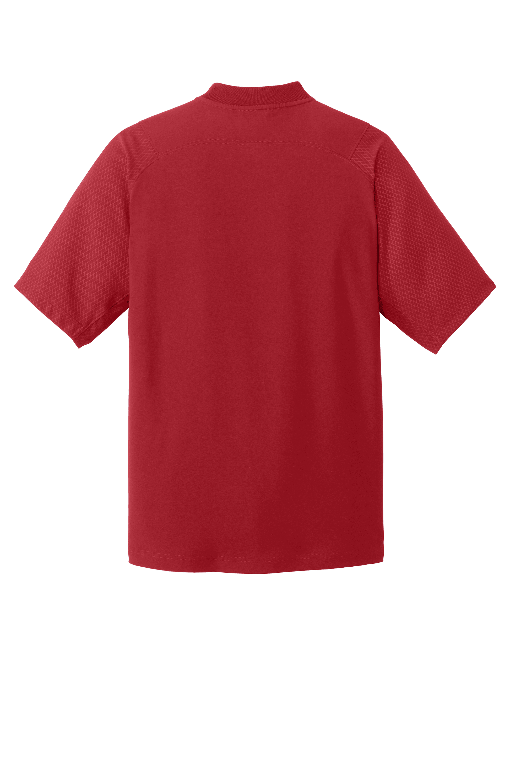 Red New Era cage short sleeve quarter zip jacket with custom print, shown from the back.